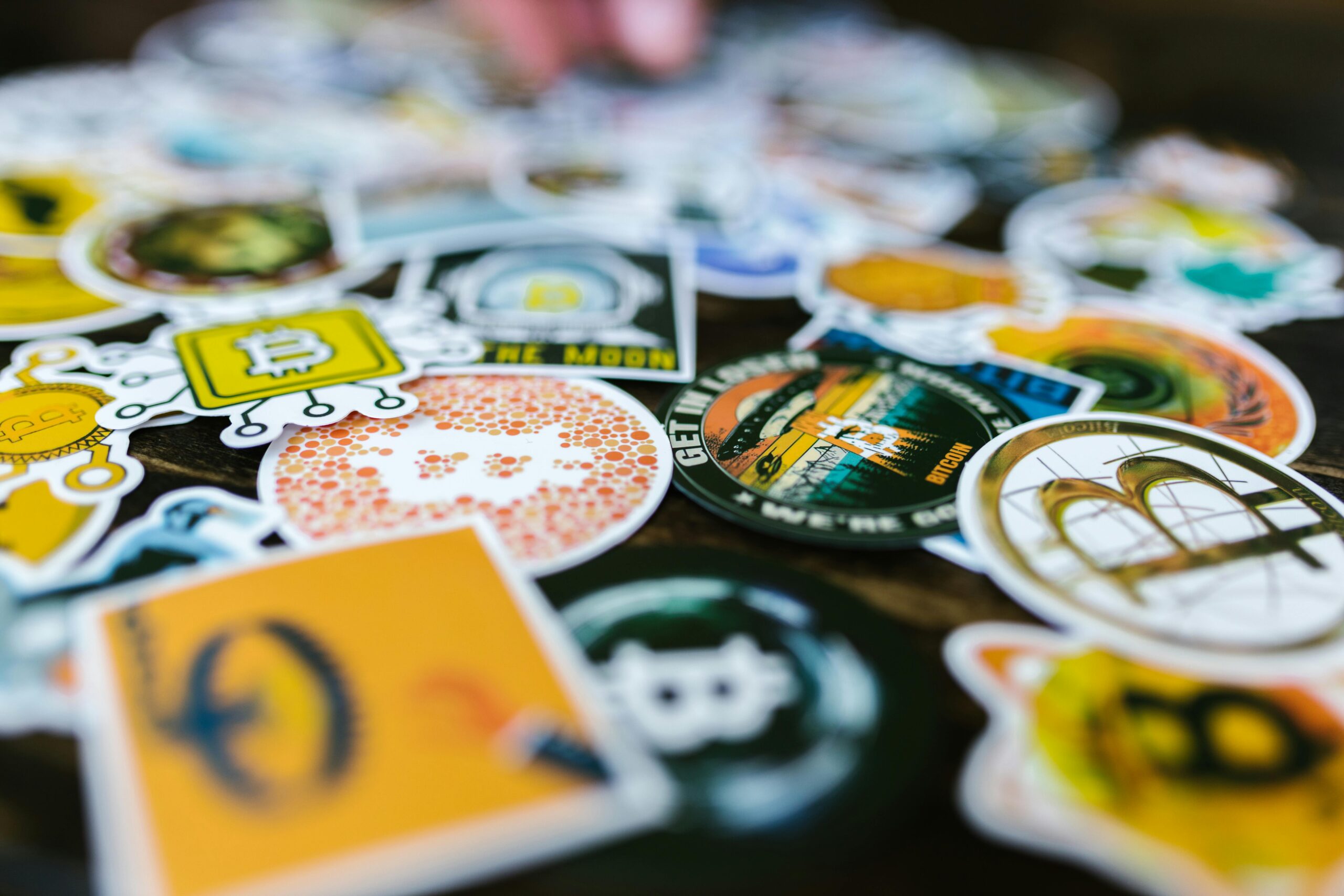 Assorted cryptocurrency-themed stickers featuring Bitcoin and blockchain designs.